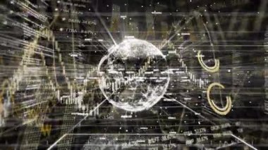 Siyah arkaplan üzerinde veri işleme olan dünyanın animasyonu. küresel iş, finans, bağlantılar ve dijital arayüz konsepti dijital olarak oluşturulmuş video.