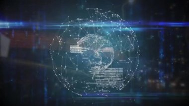 Şehrin üzerindeki veri işleme ve küresinin animasyonu. küresel hesaplama, dijital arayüz ve dijital olarak oluşturulmuş video işleme kavramı.