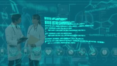 Animation of chemical formulas and data processing over diverse female and male doctors. medicine, science and technology concept digitally generated video.