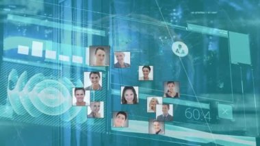 Yeşil dijital ekranda veri ile dönen kullanıcı fotoğraflarından oluşan dünyanın animasyonu. küresel ağ, bağlantılar, veri ve teknoloji konsepti dijital olarak oluşturulmuş video.