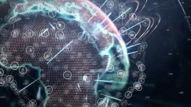 Siyah arkaplan üzerinde simgeler olan küre animasyonu. küresel iş, finans, bağlantılar ve dijital arayüz konsepti dijital olarak oluşturulmuş video.