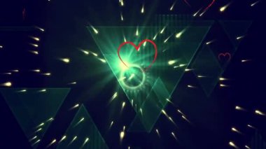 Işıkların üzerinde yüzen kalplerin animasyonu ve siyah arka planda dünya. aşk, ilişki, renk ve hareket konsepti dijital olarak oluşturulmuş video.