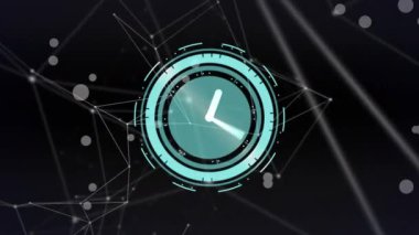 Siyah arkaplan üzerinde bağlantılar olan saatin animasyonu. küresel iş, finans, bağlantılar ve dijital arayüz konsepti dijital olarak oluşturulmuş video.
