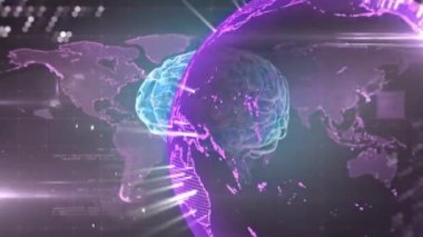 İnsan beyninin dijital animasyonu ve dünya haritasında gri arka planda dönen küre. küresel ağ oluşturma ve tıbbi araştırma teknolojisi kavramı
