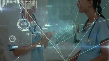 Animation of network of connections over two diverse doctors. Global medicine, technology, data processing and digital interface concept digitally generated video.