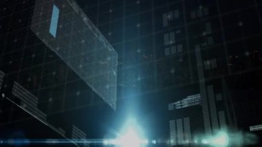 Tüm şehirde veri işleme animasyonu. küresel hesaplama, dijital arayüz ve dijital olarak oluşturulmuş video işleme kavramı.