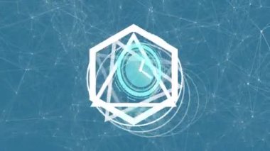 Mavi arkaplan üzerinde bağlantılar olan saatin animasyonu. küresel iş, finans, bağlantılar ve dijital arayüz konsepti dijital olarak oluşturulmuş video.