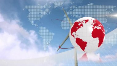 Rüzgâr türbini üzerinde dünya haritası ve dünyanın animasyonu. küresel teknoloji, bağlantılar ve dijital arayüz konsepti dijital olarak oluşturulmuş video.