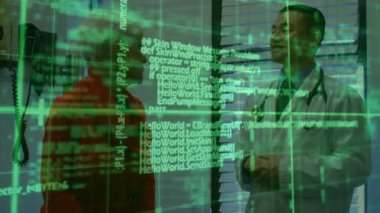 Animation of data processing over biracial male doctor and senior patient talking. senior health, well being, medicine and technology concept digitally generated video.