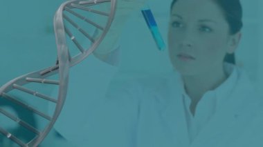 Animation of dna rotating over caucasian female lab worker with sample. medicine, science and technology concept digitally generated video.