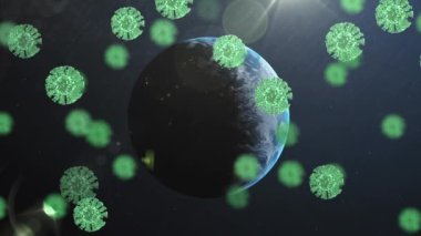 Yeşil covid-19 hücreleri ve mavi arkaplan üzerinde ışık lekesi. covid-19 koronavirüs salgını konsepti