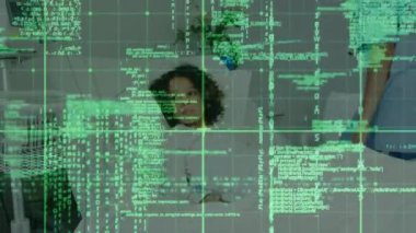 Animation of data processing over biracial female doctor taking care of child patient. health and medicine concept digitally generated video.