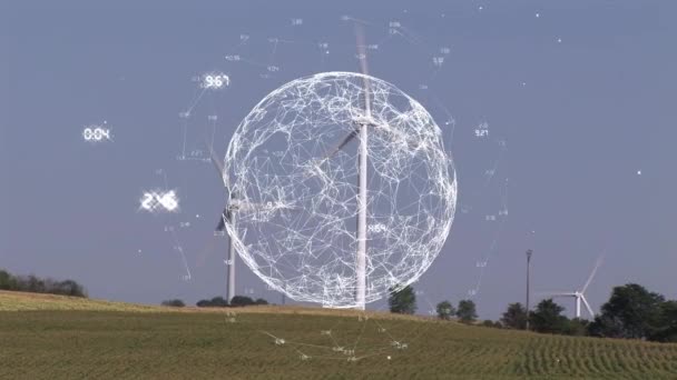 風力タービン上の地球とデータ処理のアニメーション 世界規模の技術 デジタルインターフェースの概念がデジタルで生成されたビデオ — ストック動画