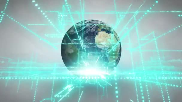 Digitale Animatie Van Neon Blauw Netwerk Van Verbindingen Draaiende Globe — Stockvideo
