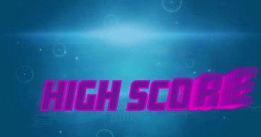 Bağlantılar ağına karşı yüksek puanlı metin afişi ve mavi arkaplana karşı 3D şehir manzarası. Video oyunu arayüzü ve teknoloji kavramı