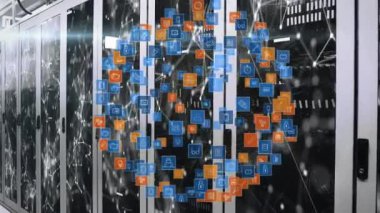 Sunucular üzerinde dönen simgelerden oluşan dünyanın animasyonu. küresel ağ, bağlantılar, veri ve teknoloji konsepti dijital olarak oluşturulmuş video.