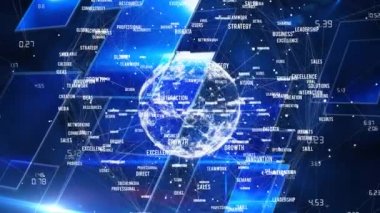 Siyah arkaplan üzerinde iş metinleri olan bir dünya animasyonu. küresel iş, finans, bağlantılar ve dijital arayüz konsepti dijital olarak oluşturulmuş video.