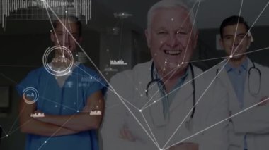Animation of network of connections over diverse group of doctors. Global medicine, technology, data processing and digital interface concept digitally generated video.