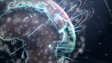 Siyah arkaplan üzerinde simgeler olan küre animasyonu. küresel iş, finans, bağlantılar ve dijital arayüz konsepti dijital olarak oluşturulmuş video.