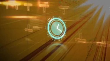 Işıkların üzerinde veri işlenen saatin animasyonu. küresel iş, finans, bağlantılar ve dijital arayüz konsepti dijital olarak oluşturulmuş video.