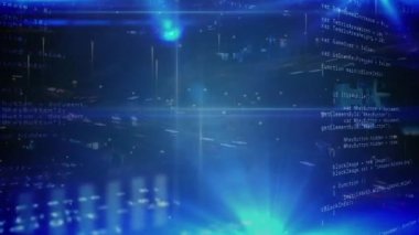 Şehirdeki yol trafiğinde hızlı bir şekilde veri işleme animasyonu. küresel hesaplama, dijital arayüz ve dijital olarak oluşturulmuş video işleme kavramı.
