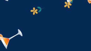 Donanma arka planında düşen çiçek ve içkilerin animasyonu. parti ve kutlama konsepti dijital olarak oluşturulmuş video.