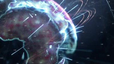 Siyah arkaplan üzerinde numaralar olan küre animasyonu. küresel iş, finans, bağlantılar ve dijital arayüz konsepti dijital olarak oluşturulmuş video.