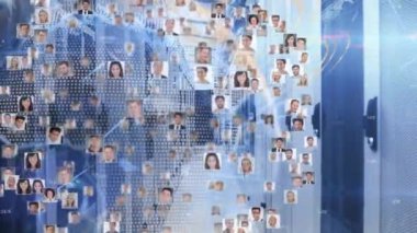 Sunucular üzerinde dönen kullanıcı fotoğraflarından oluşan dünyanın animasyonu. küresel ağ, bağlantılar, veri ve teknoloji konsepti dijital olarak oluşturulmuş video.