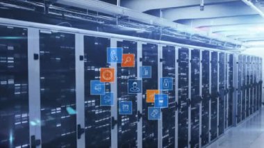 Sunucular üzerinde hareket eden simgelerden oluşan dünyanın animasyonu. küresel ağ, bağlantılar, veri ve teknoloji konsepti dijital olarak oluşturulmuş video.