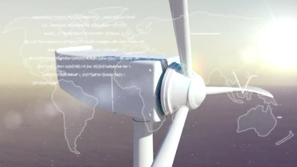 Animering Världskarta Och Databehandling Över Vindkraftverk Global Teknik Anslutningar Och — Stockvideo