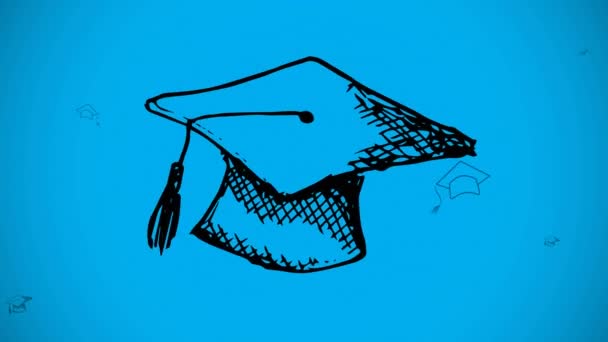 Animation Von Abschlussmützen Die Sich Über Blauen Hintergrund Bewegen Schul — Stockvideo