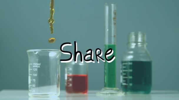 Animation Share Text Beakers Liquid Global Science Social Media Digital — Stock Video