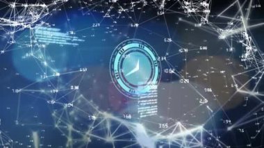 Siyah arkaplan üzerinde bağlantılar olan saatin animasyonu. küresel iş, finans, bağlantılar ve dijital arayüz konsepti dijital olarak oluşturulmuş video.