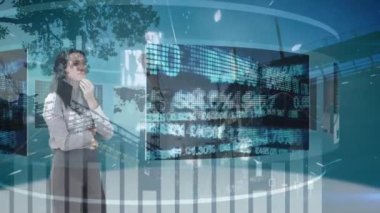 Beyazların fütüristik çığlıklara dokunan kadın hakkında istatistiksel ve borsa veri işleme. iş ve teknoloji kavramı