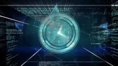 Siyah arka planda saat, küre ve veri işleme animasyonu. ağ, bağlantılar ve teknoloji konsepti dijital olarak oluşturulmuş video.