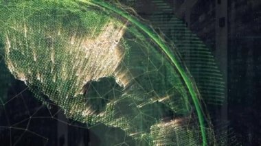 Işık ve sinyallerin uzay ve güneş üzerinde döndüğü bir dünya animasyonu. küresel ağ, bağlantılar, veri ve teknoloji konsepti dijital olarak oluşturulmuş video.