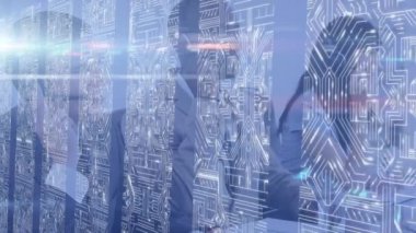 Microprocessor connections against team of diverse customer care executives talking on phone headset. business and technology concept