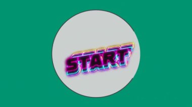 Neon başlangıç metninin dijital animasyonu dairesel afiş üzerinden yeşil arkaplana karşı. Video oyunu arayüzü ve teknoloji kavramı