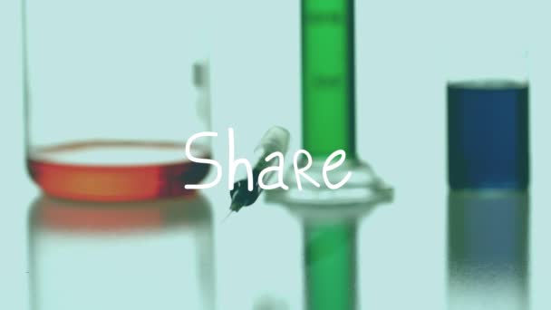 Animation Share Text Syringe Beakers Liquid Global Science Social Media — Stock Video