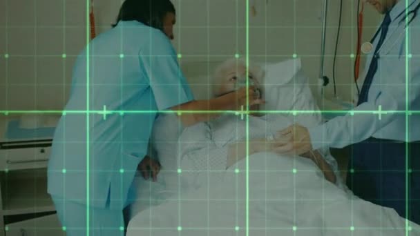 Animation Green Net Biracial Female Doctor Caucasian Man Taking Care — ストック動画