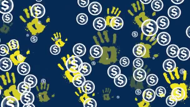 Animatie Van Dollariconen Handafdrukken Een Marineachtergrond Financieel Geld Valutaconcept Digitaal — Stockvideo