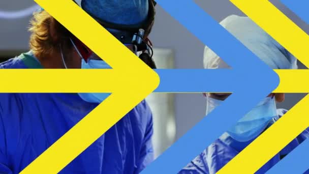 Animation Yellow Blue Chevron Caucasian Female Male Surgeons Operation Ukraine — Stock Video