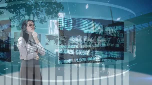 Statistical Stock Market Data Processing Caucasian Woman Touching Futuristic Screes — Vídeos de Stock