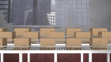 Taşıma bantları ve şehir manzarası üzerindeki kutuların üzerinde finansal veri işleme animasyonu. küresel sevkiyat, dağıtım ve bağlantılar konsepti dijital olarak oluşturulmuş video.