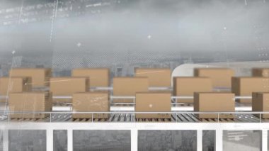 Taşıma bantları ve şehir manzarası üzerindeki kutuların üzerinde finansal veri işleme animasyonu. küresel sevkiyat, dağıtım ve bağlantılar konsepti dijital olarak oluşturulmuş video.