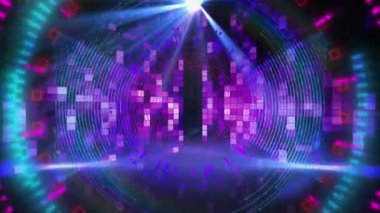 Siyah arkaplandaki mor ışıkların üzerindeki şekillerin animasyonu. Sosyal medya ve dijital arayüz kavramı dijital olarak oluşturulmuş video.