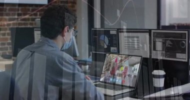 Animation of data processing over businessman using laptop. Global business digital interface technology and networking concept digitally generated video.