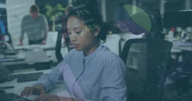 Animation of data processing over asian businesswoman using computer. global business and digital interface concept digitally generated video.