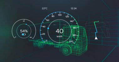 Siyah arka planda dijital kamyon modeli üzerinde araba arayüzü animasyonu. küresel ulaşım, teknoloji ve dijital arayüz kavramı dijital olarak oluşturulmuş video.