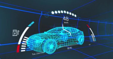 Dijital arabanın üzerindeki araba panelinin animasyonu. küresel ulaşım ve dijital arayüz kavramı dijital olarak oluşturulmuş video.